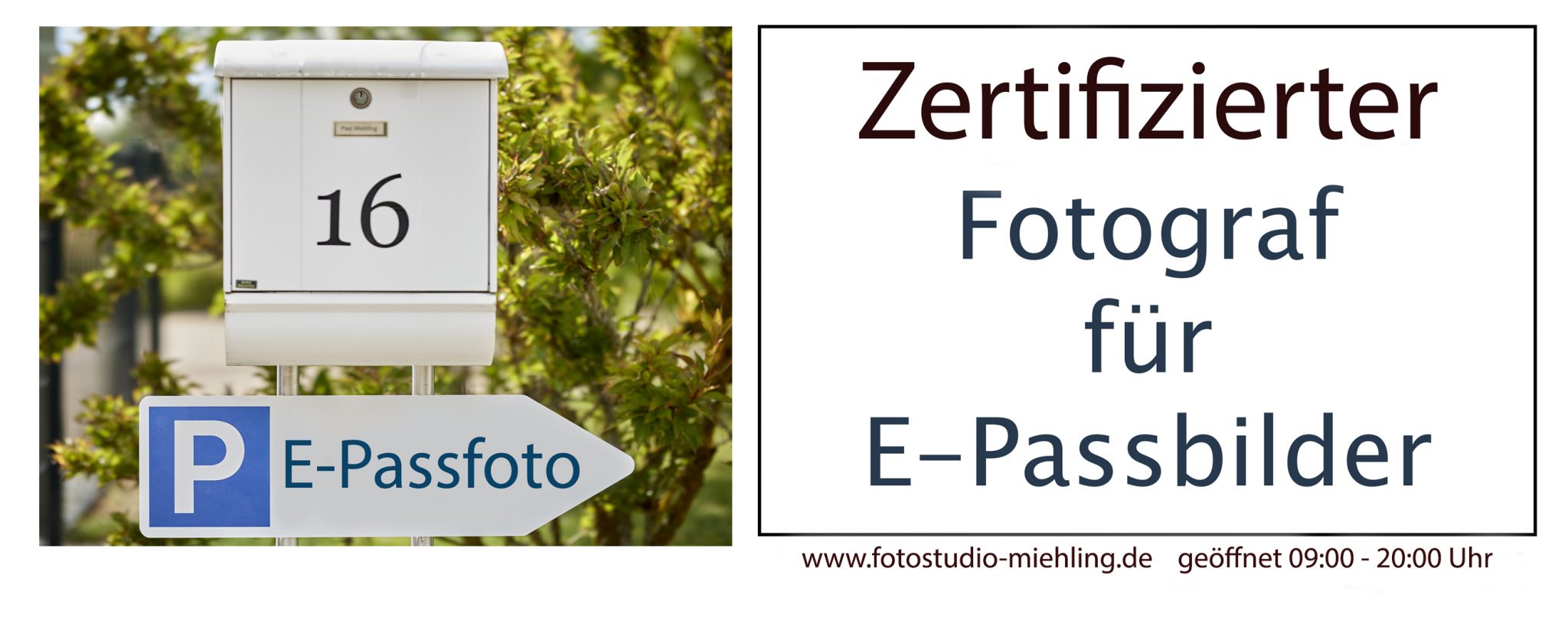 Briefkasten Hausnummer 16 mit Hinweisschild für E-Passfoto.